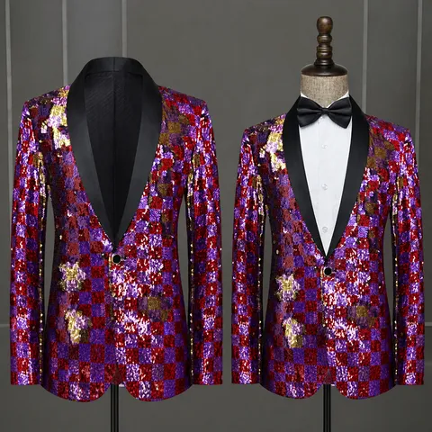 Men's Slim Fit Sequin Plaid Blazer Shawl Collar Single Button Suit Jacket For Stage Performance Hosting Party Wedding