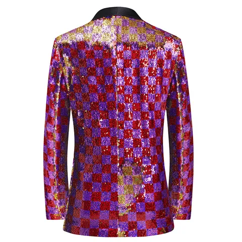 Men's Slim Fit Sequin Plaid Blazer Shawl Collar Single Button Suit Jacket For Stage Performance Hosting Party Wedding