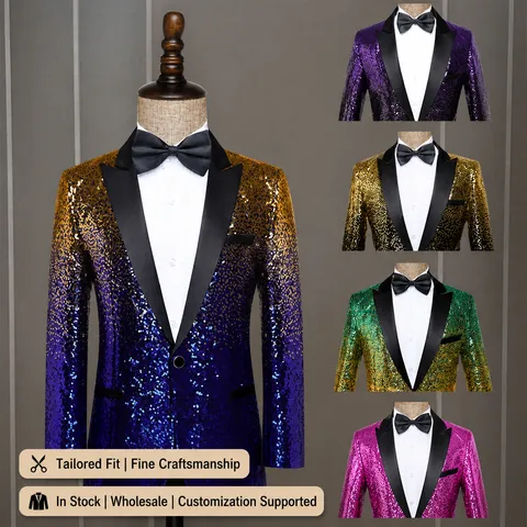 Men's Gradient Sequin Blazer Slim Fit Single-Breasted One-Button Suit Jacket For Stage Performance Party Prom Banquet Wedding Tuxedo