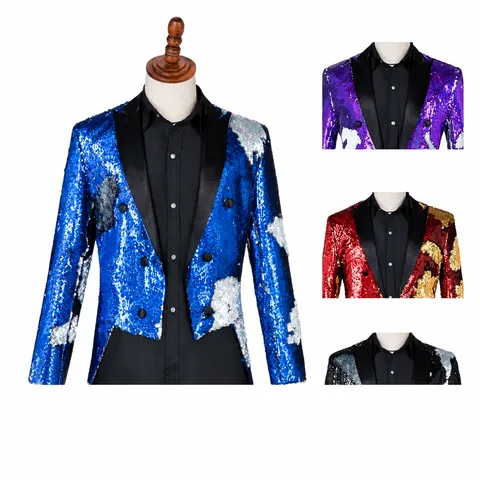 Chaqueta de Traje de Frac con Lentejuelas para Hombre Disfraz de Escenario Mago Director de Banda Blazer Formal de Doble Botonadura