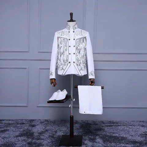 Men Vintage Palace Style Performance Suit Jacket Pants Palace Embroidery Sequin Tassel Stage Costume Host Singer Party Wear Top Bottom