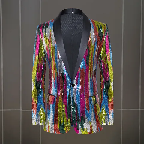 Men Multicolor Camouflage Sequin Blazer Shawl Lapel Stage Performance Suit Jacket For Host Singer Party Club Evening Wear Fashion Slim Fit Outerwear