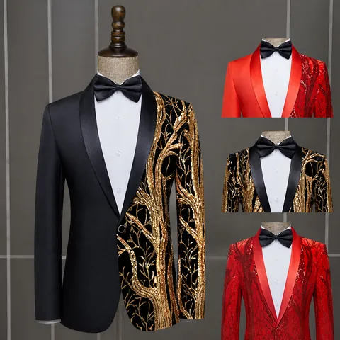 Men's Slim Fit Sequin Blazer Asymmetric Tree Branch Pattern Shawl Lapel One Button Stage Performance Party Suit Jacket Top