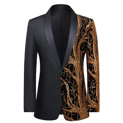 Men's Slim Fit Sequin Blazer Asymmetric Tree Branch Pattern Shawl Lapel One Button Stage Performance Party Suit Jacket Top