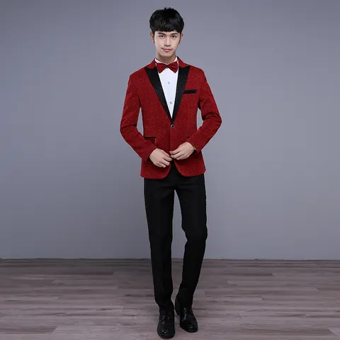 Men Slim Fit Shiny Suit Top And Bottom Peak Lapel Long Sleeve Formal Blazer Trousers For Wedding Stage Host Performance