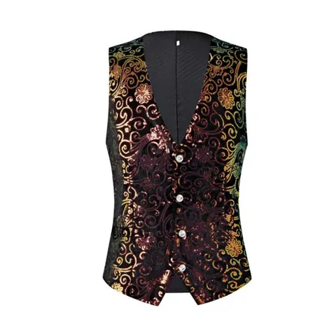 Men British Style Printed Suit Vest Slim Fit V-Neck Single-Breasted Waistcoat For Wedding Performance Stage Formal Top