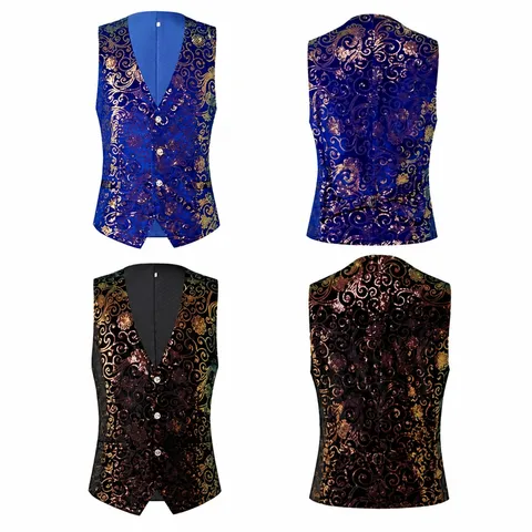 Men British Style Printed Suit Vest Slim Fit V-Neck Single-Breasted Waistcoat For Wedding Performance Stage Formal Top