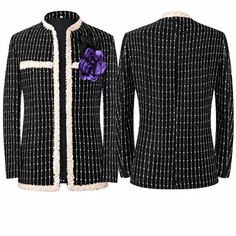 Veste de Costume Homme Coupe Ajustée à Rayures de Paillettes Blazer Rétro Performance Scénique Avec Broche Fleur Violette Noir Polyester