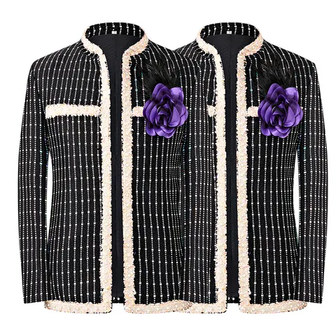 Veste de Costume Homme Coupe Ajustée à Rayures de Paillettes Blazer Rétro Performance Scénique Avec Broche Fleur Violette Noir Polyester