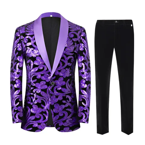Men Slim Fit Sequin Moire Shawl Collar Suit Set For Stage Performance Hosting Formal Wedding Party Men Blazer And Pants Set