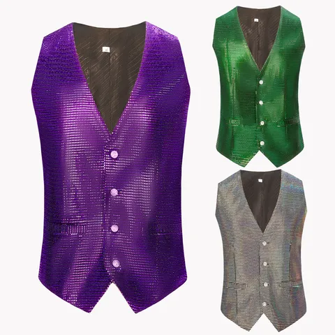 Men's Shiny Sequin Vest And Pants Top And Bottom Stage Performance Suit V Neck Single Breasted Glitter Outfits For Party