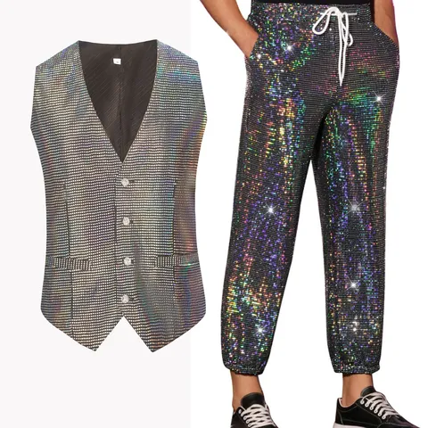 Men's Shiny Sequin Vest And Pants Top And Bottom Stage Performance Suit V Neck Single Breasted Glitter Outfits For Party