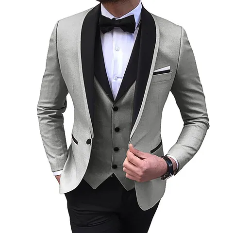 Herren Slim Fit 3-Teiliger Anzug Kontrast Schalkragen Business Formell Blazer Weste Hose Set Einreihig Polyester Anzug