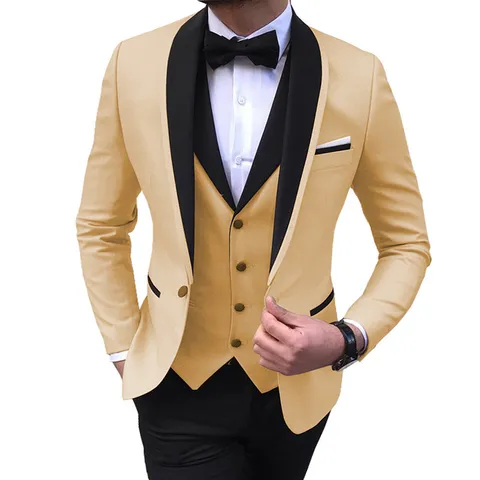 Herren Slim Fit 3-Teiliger Anzug Kontrast Schalkragen Business Formell Blazer Weste Hose Set Einreihig Polyester Anzug