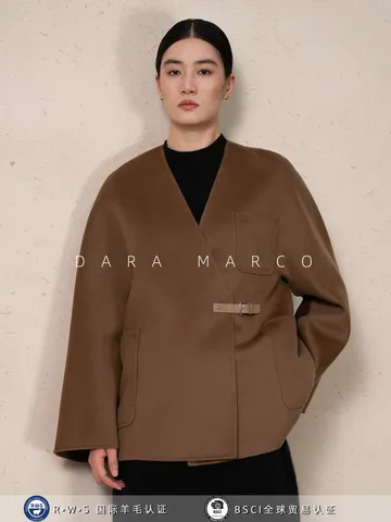 Women's V-Neck Cashmere Wool Silk Blend Double-Sided Short Coat Wrap Belted Commuter Outerwear Jacket Top