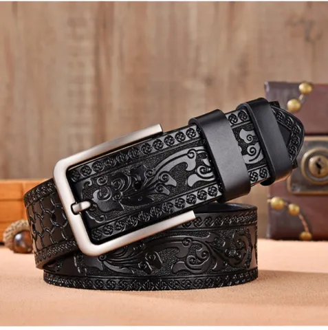 Cinturón de Cuero Genuino Casual para Hombre Correa de Piel Grabada Vintage Con Hebilla de Perno Metálica Cinturón de Negocios