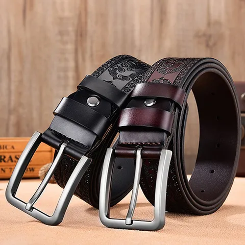 Cinturón de Cuero Genuino Casual para Hombre Correa de Piel Grabada Vintage Con Hebilla de Perno Metálica Cinturón de Negocios