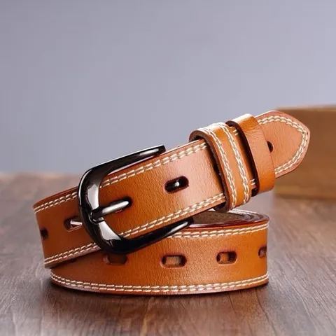 Cinturón de Cuero Auténtico para Mujer Vintage Casual Hebilla de Perno Cintura de Piel de Vaca Costuras de Contraste Moda para Pantalones