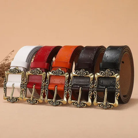 Cinturón de Cuero Auténtico Vintage para Mujer Moda Casual Hebilla de Metal Grabado Cinturilla Para Jeans Accesorios de Mujer