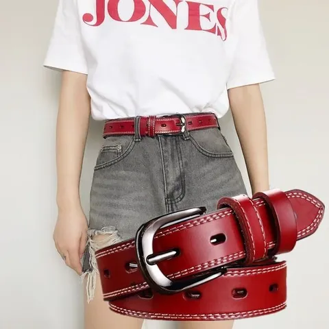 Cinturón de Cuero Auténtico para Mujer Vintage Casual Hebilla de Perno Cintura de Piel de Vaca Costuras de Contraste Moda para Pantalones