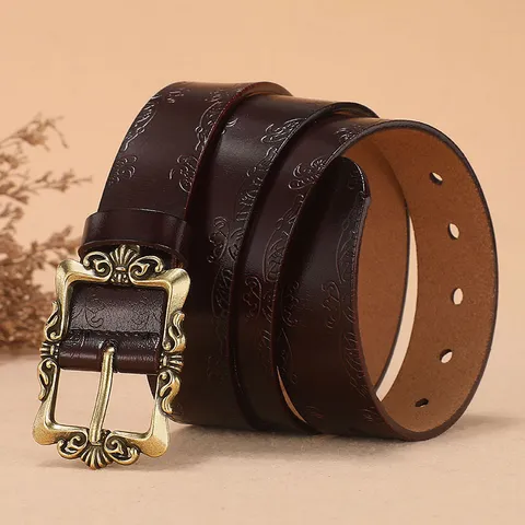 Cinturón de Cuero Auténtico Vintage para Mujer Moda Casual Hebilla de Metal Grabado Cinturilla Para Jeans Accesorios de Mujer
