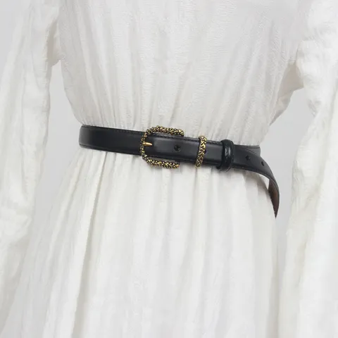 Cinturón de Cuero Auténtico para Mujer Casual Versátil Cuero Patentado Correa de Cintura Fina Hebilla de Metal Tallado Retro Para Jeans