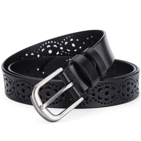 Cinturón de Cuero Vacuno Genuino para Mujer Cinturón de Vestir Casual con Hebilla de Pespunte Calado