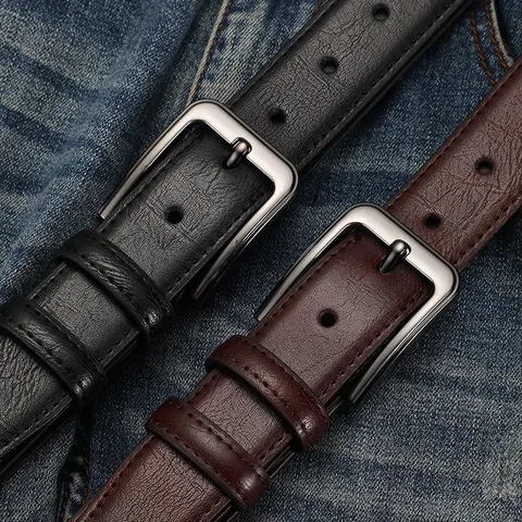 Cinturón Casual de Negocios de Cuero Genuino para Hombres Hebilla de Perno de Metal Cinturón de Piel de Vaca Para Conmutación Diaria Moda
