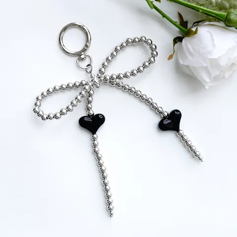 Handgefertigte Schleife Herz Anhänger Schlüsselanhänger Silber Perlenkette Taschenanhänger Für Damen Zinklegierung Schmuck