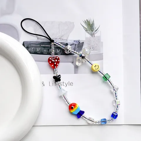 Perlen Handy Lanyard Glas Herz Fisch Smiley Gesicht Charm Nylon Schnur Anti-Verlust Gurt Damen Mädchen Deko Handy Gurt