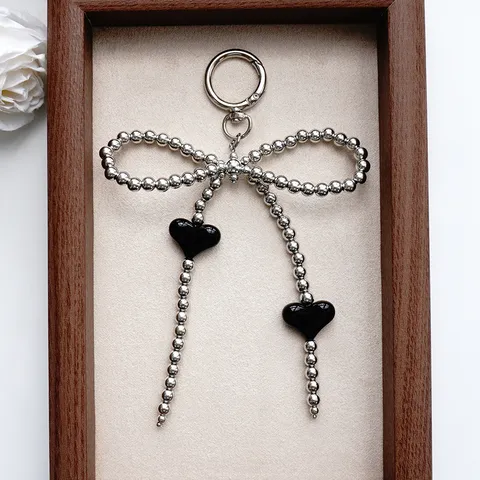 Handgefertigte Schleife Herz Anhänger Schlüsselanhänger Silber Perlenkette Taschenanhänger Für Damen Zinklegierung Schmuck