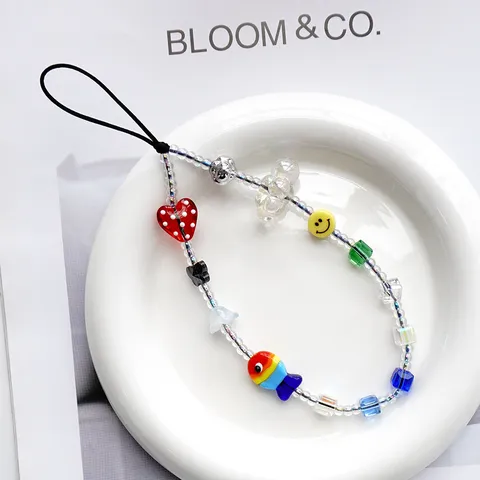 Perlen Handy Lanyard Glas Herz Fisch Smiley Gesicht Charm Nylon Schnur Anti-Verlust Gurt Damen Mädchen Deko Handy Gurt