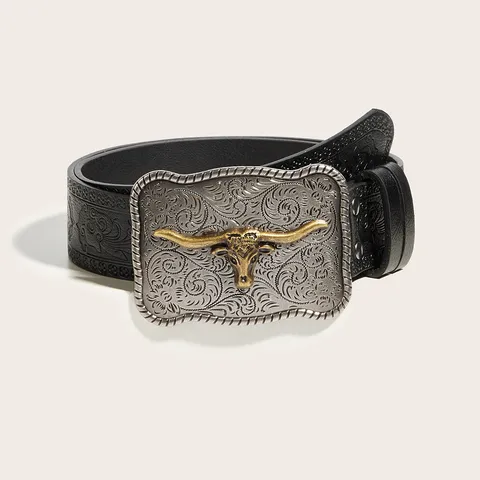 Retro Western Style Embossed PU Leather Belt With Bull Head Metal Buckle Unisex Fashion Casual Waist Belt
