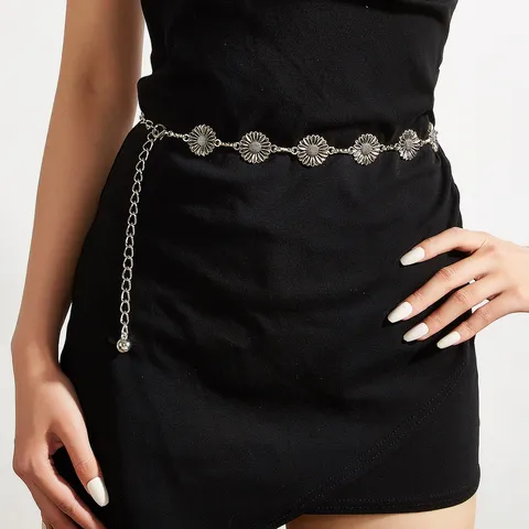 Damen Mode Silber Metall Taillenkette Hohle Chrysantheme Blume Gürtel Verstellbare Körperkette Kleid Pullover Dekorativer Schmuck