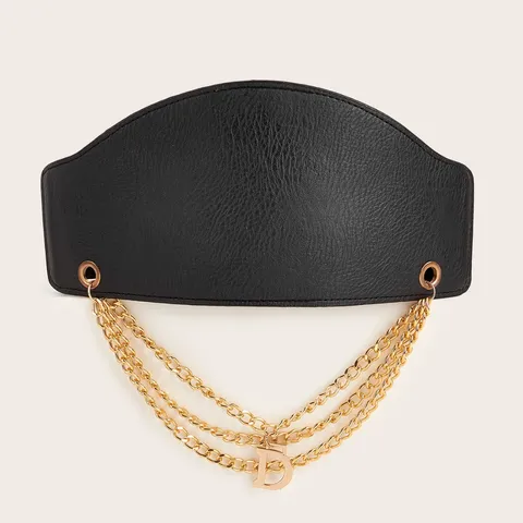 Women Fashion Wide Corset Belt Vintage Faux Leather Elastic Waist Band With Metal Chains Dress Accessories