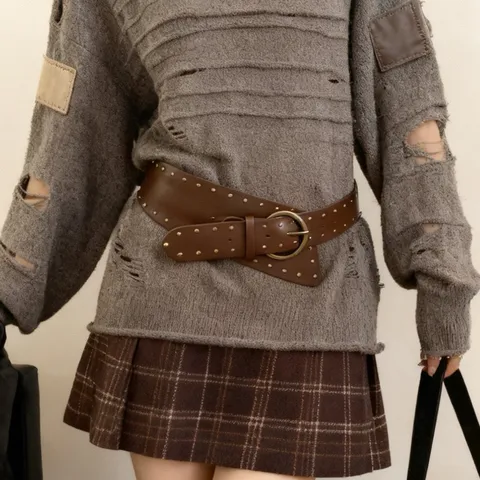 Punk Style Rivet Large Cuir PU Ceinture Pour Femmes Vintage Rétro Marron Corset Taille Bande Gothique Mode Jeans Ceinture Accessoires
