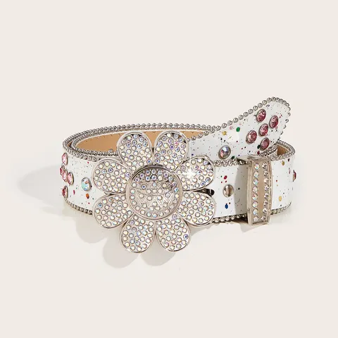 Women Fashion Rhinestone Sunflower PU Leather Belt Leopard Print Crystal Waist Belt Trendy Casual Accessories