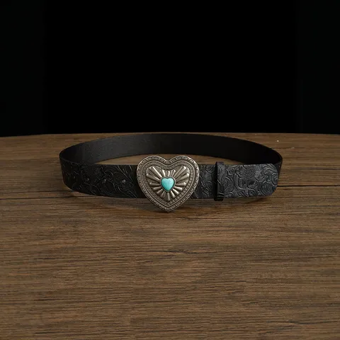 Retro Bohemian PU Leather Belt For Women Vintage Embossed Wide Waist Belt With Turquoise Heart Metal Buckle Casual Jeans Belt