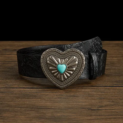 Retro Bohemian PU Leather Belt For Women Vintage Embossed Wide Waist Belt With Turquoise Heart Metal Buckle Casual Jeans Belt