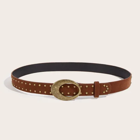 Vintage Retro Brown PU Leather Belt For Women Retro Oval Metal Buckle Rivet Waist Belt Fashion Daily Accessories