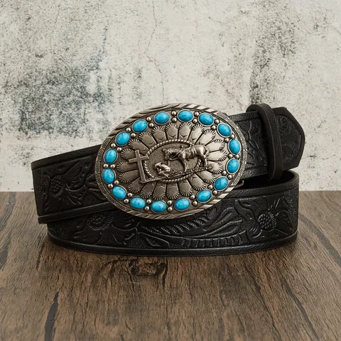 Western Vintage Embossed PU Leather Belt With Turquoise Alloy Buckle Cross Horseback Riding Relief Men Cowboy Decorative Belt