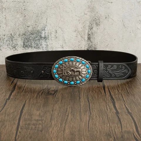 Western Vintage Embossed PU Leather Belt With Turquoise Alloy Buckle Cross Horseback Riding Relief Men Cowboy Decorative Belt