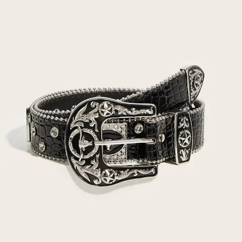 American Western Cowboy Crocodile Pattern Rhinestone Belt Retro Bull Head Rivet Punk Y2K Decorative PU Leather Belt