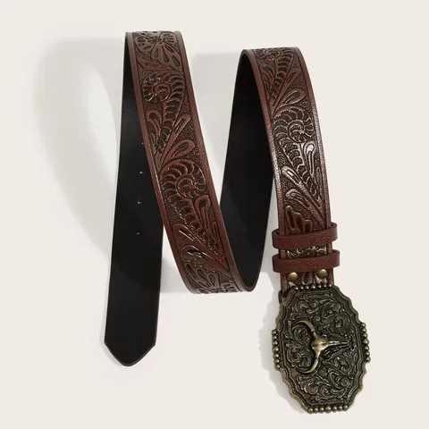 Western Cowboy Style PU Leather Embossed Belt Vintage Bull Head Alloy Buckle Fashion Waist Belt