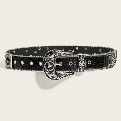 American Western Cowboy Crocodile Pattern Rhinestone Belt Retro Bull Head Rivet Punk Y2K Decorative PU Leather Belt