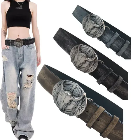 Retro Western Cowboy PU Leather Belt For Women Vintage Alloy Bull Head Buckle Casual Jeans Waist Belt Accessory