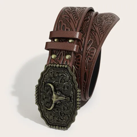 Western Cowboy Style PU Leather Embossed Belt Vintage Bull Head Alloy Buckle Fashion Waist Belt