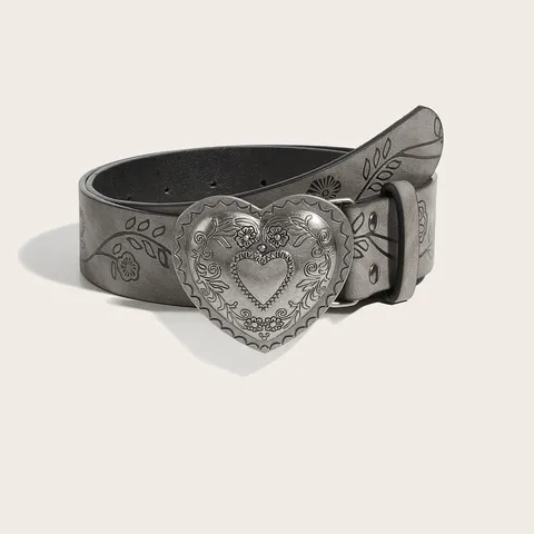 Vintage Retro PU Leather Belt For Women Men Fashion Heart Metal Pin Buckle Floral Embossed Casual Waist Strap