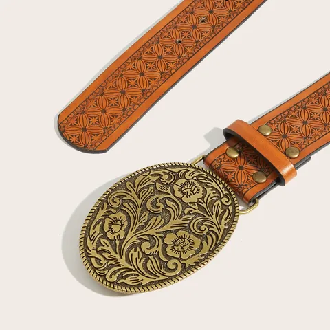 Women Western Vintage Embossed PU Leather Belt Oval Carved Metal Buckle Fashion Casual Waistband Accessories