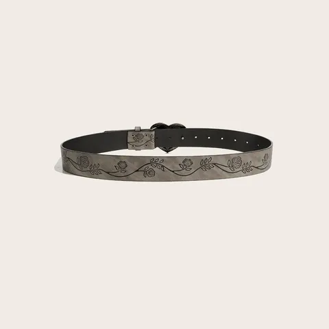 Vintage Retro PU Leather Belt For Women Men Fashion Heart Metal Pin Buckle Floral Embossed Casual Waist Strap